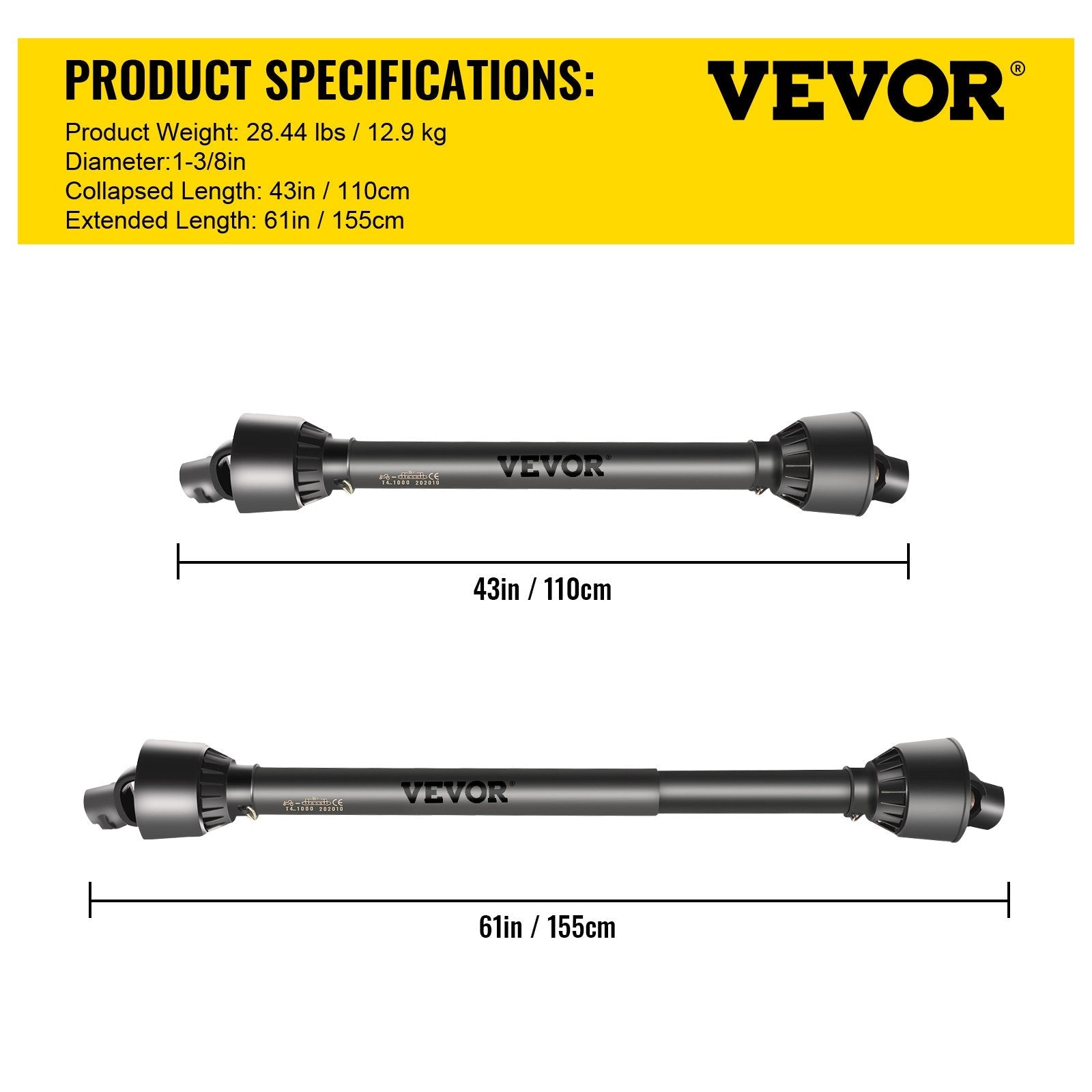VEVOR PTO Shaft, 1-3/8” PTO Drive Shaft, 6 Spline Tractor?Round Implement Ends PTO Driveline Shaft, Series 4 Tractor PTO Shaft, 43-61” Brush Hog PTO Shaft Black, for Finish Mower, Rotary Cutter 