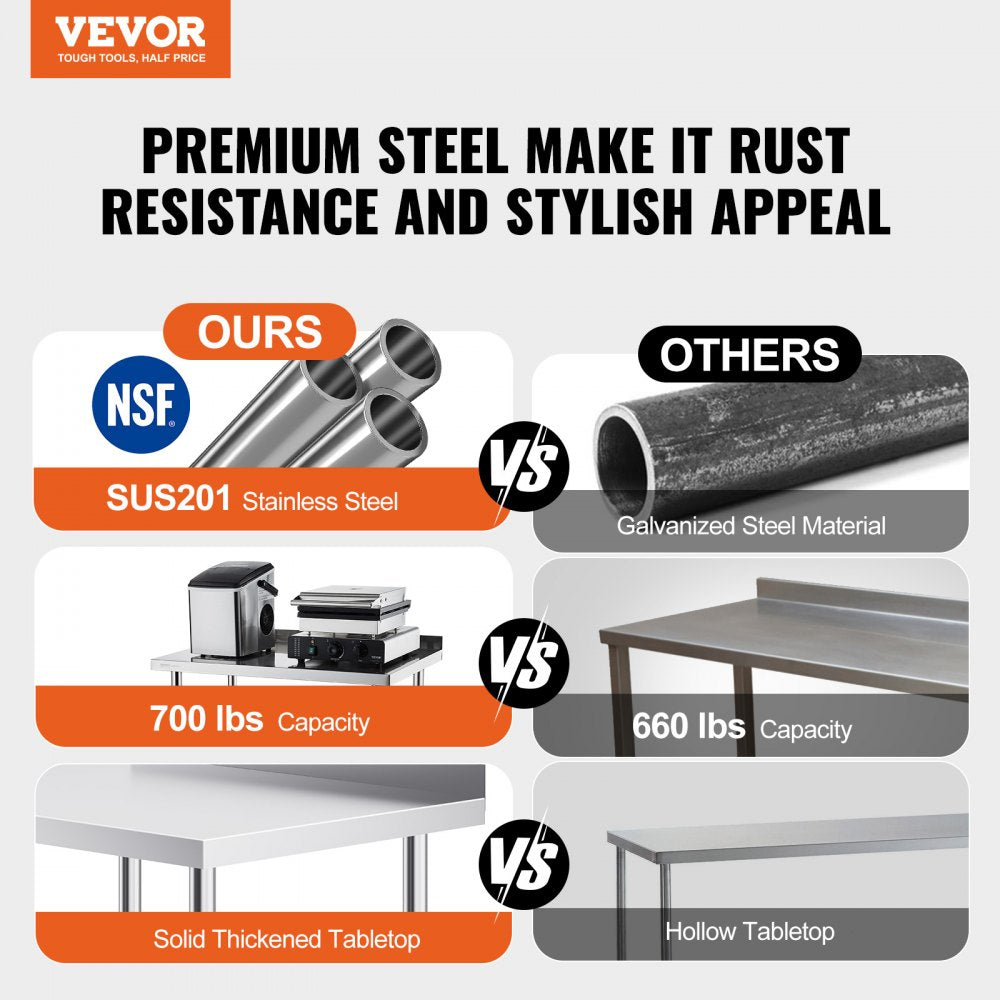 VEVOR 24 x 30 x 40 Inch Stainless Steel Work Table, Commercial Food Prep Worktable with Casters, Heavy Duty Prep Worktable, Metal Work Table with Adjustable Height for Restaurant, Home and Hotel 