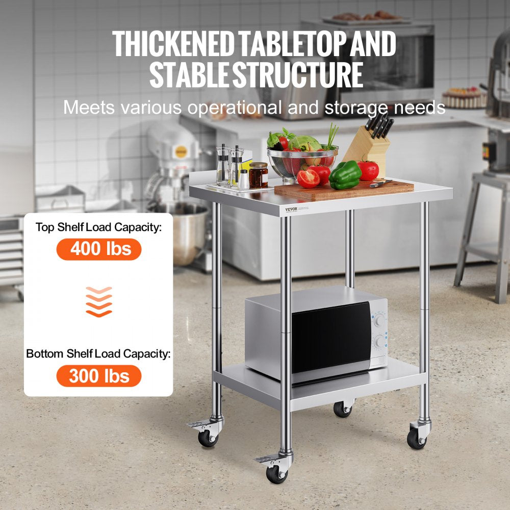 VEVOR 24 x 30 x 40 Inch Stainless Steel Work Table, Commercial Food Prep Worktable with Casters, Heavy Duty Prep Worktable, Metal Work Table with Adjustable Height for Restaurant, Home and Hotel 