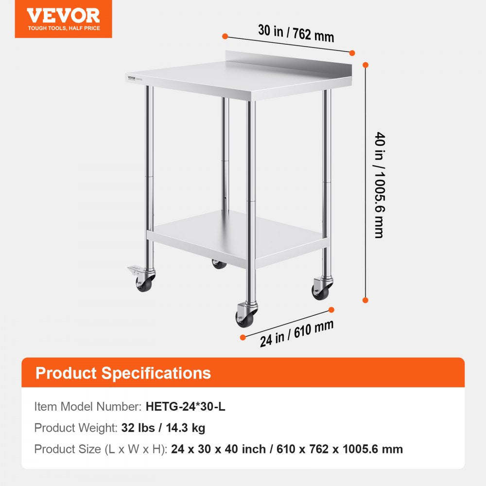 VEVOR 24 x 30 x 40 Inch Stainless Steel Work Table, Commercial Food Prep Worktable with Casters, Heavy Duty Prep Worktable, Metal Work Table with Adjustable Height for Restaurant, Home and Hotel 