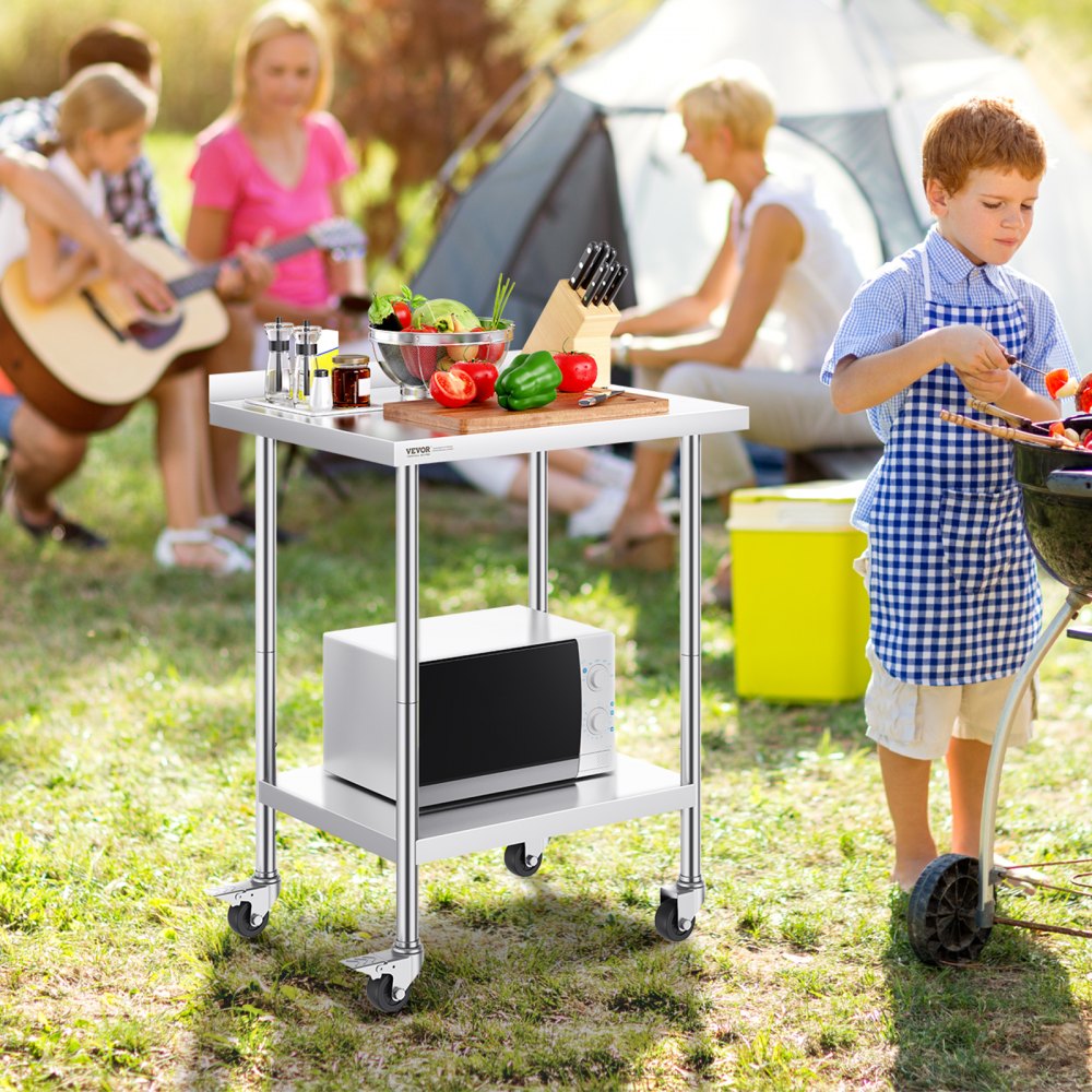 VEVOR 24 x 30 x 40 Inch Stainless Steel Work Table, Commercial Food Prep Worktable with Casters, Heavy Duty Prep Worktable, Metal Work Table with Adjustable Height for Restaurant, Home and Hotel 