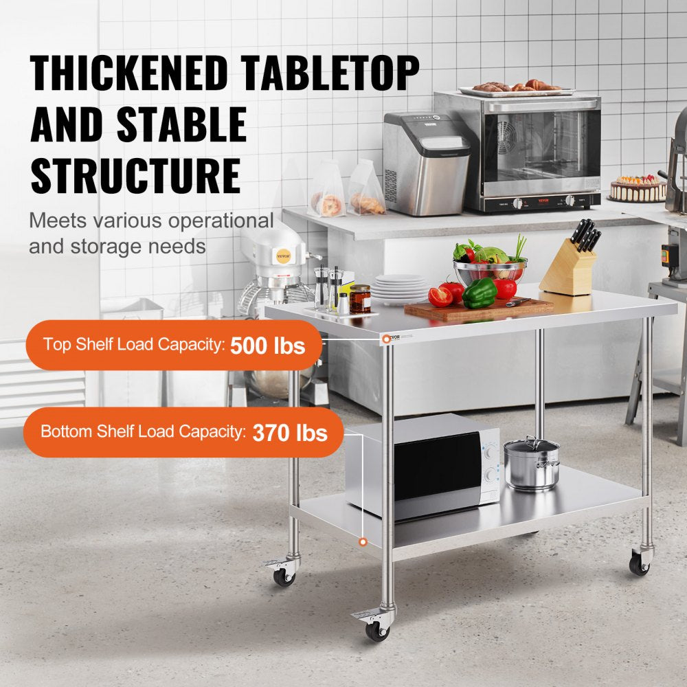 VEVOR Stainless Steel Work Table 30 x 48 x 38 Inch, with 4 Wheels, 3 Adjustable Height Levels, Heavy Duty Food Prep Worktable for Commercial Kitchen Restaurant, Silver 