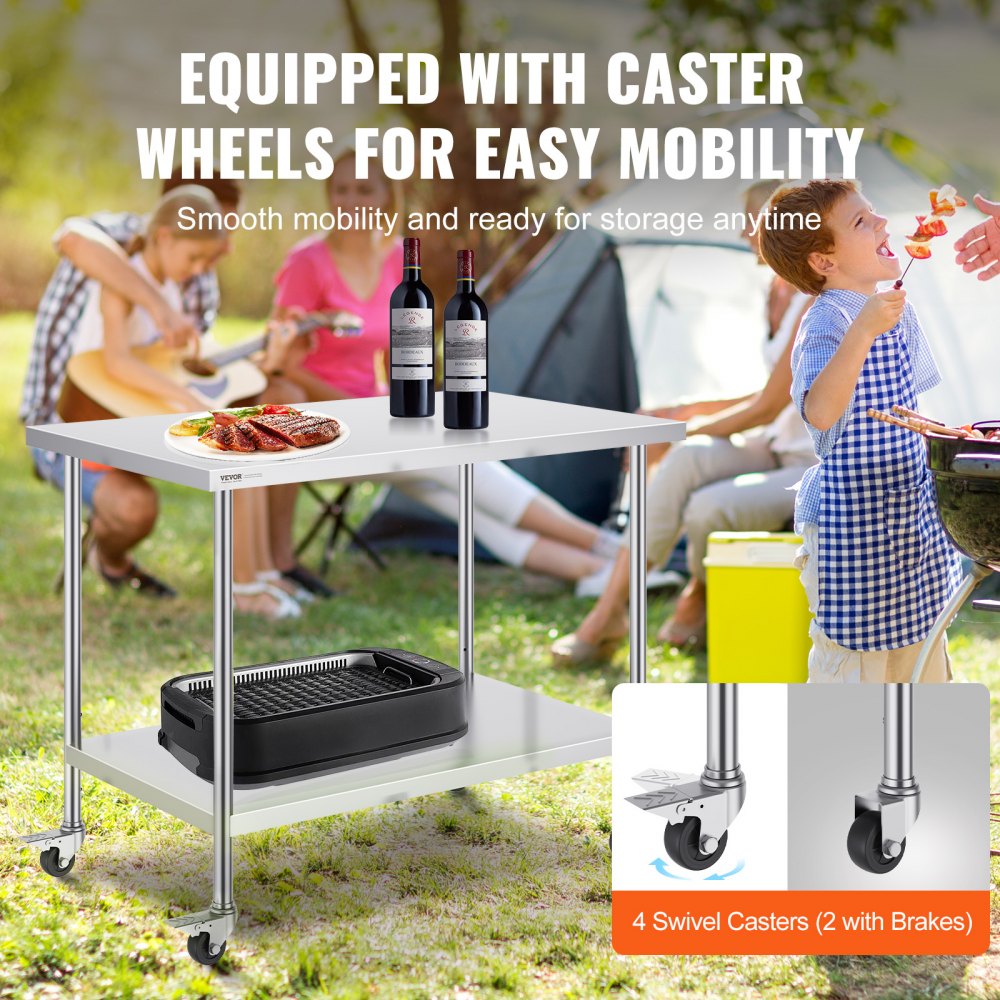 VEVOR Stainless Steel Work Table 30 x 48 x 38 Inch, with 4 Wheels, 3 Adjustable Height Levels, Heavy Duty Food Prep Worktable for Commercial Kitchen Restaurant, Silver 