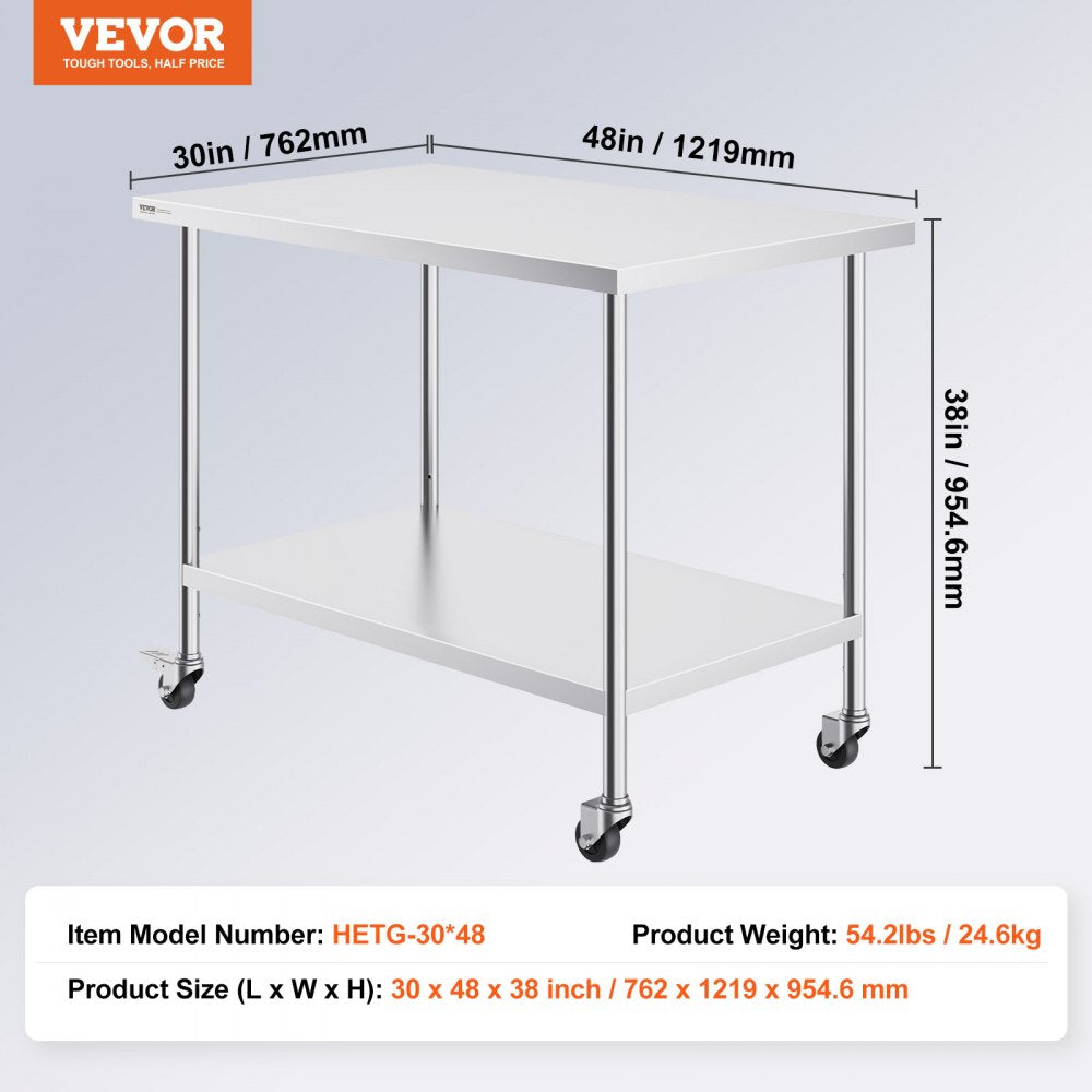 VEVOR Stainless Steel Work Table 30 x 48 x 38 Inch, with 4 Wheels, 3 Adjustable Height Levels, Heavy Duty Food Prep Worktable for Commercial Kitchen Restaurant, Silver 