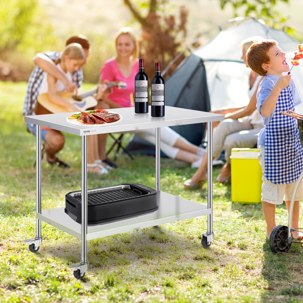 VEVOR Stainless Steel Work Table 30 x 48 x 38 Inch, with 4 Wheels, 3 Adjustable Height Levels, Heavy Duty Food Prep Worktable for Commercial Kitchen Restaurant, Silver 