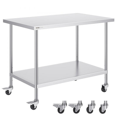 VEVOR Stainless Steel Work Table 30 x 48 x 38 Inch, with 4 Wheels, 3 Adjustable Height Levels, Heavy Duty Food Prep Worktable for Commercial Kitchen Restaurant, Silver 