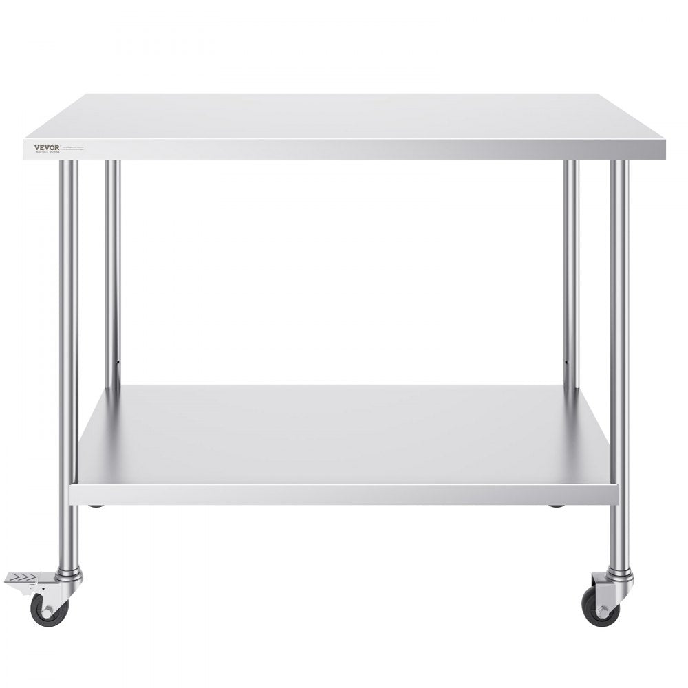 VEVOR Stainless Steel Work Table 30 x 48 x 38 Inch, with 4 Wheels, 3 Adjustable Height Levels, Heavy Duty Food Prep Worktable for Commercial Kitchen Restaurant, Silver 