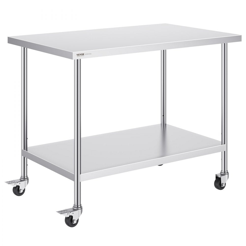 VEVOR Stainless Steel Work Table 30 x 48 x 38 Inch, with 4 Wheels, 3 Adjustable Height Levels, Heavy Duty Food Prep Worktable for Commercial Kitchen Restaurant, Silver 