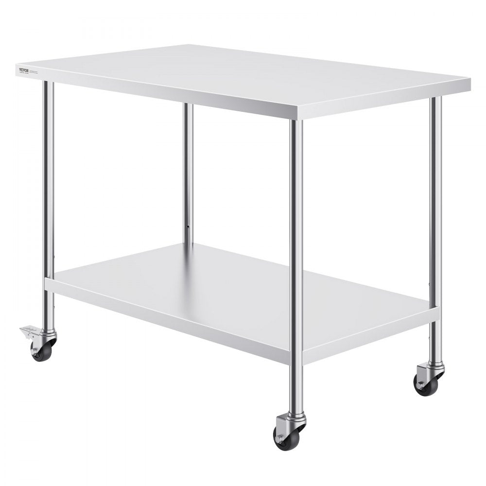 VEVOR Stainless Steel Work Table 30 x 48 x 38 Inch, with 4 Wheels, 3 Adjustable Height Levels, Heavy Duty Food Prep Worktable for Commercial Kitchen Restaurant, Silver 
