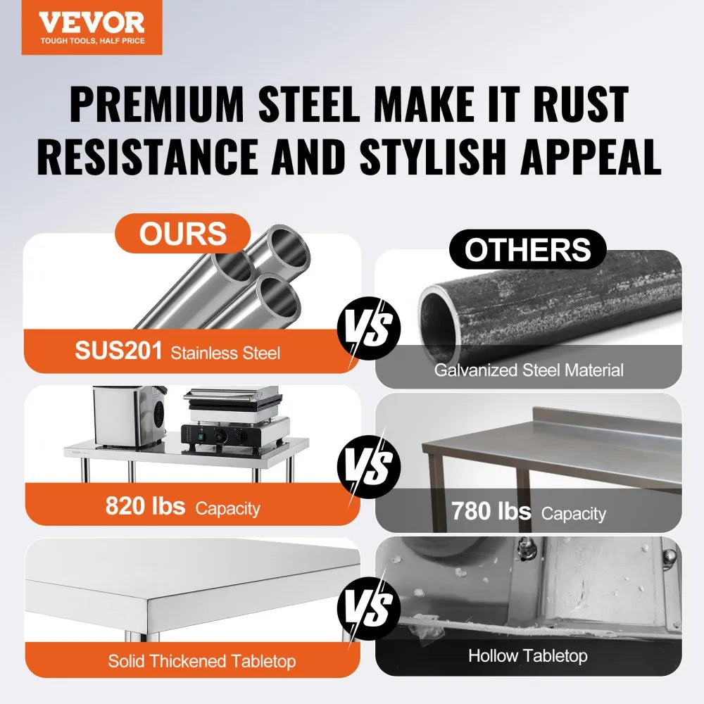 VEVOR Stainless Steel Work Table 30 x 36 x 38 Inch, with 4 Wheels, 3 Adjustable Height Levels, Heavy Duty Food Prep Worktable for Commercial Kitchen Restaurant, Silver