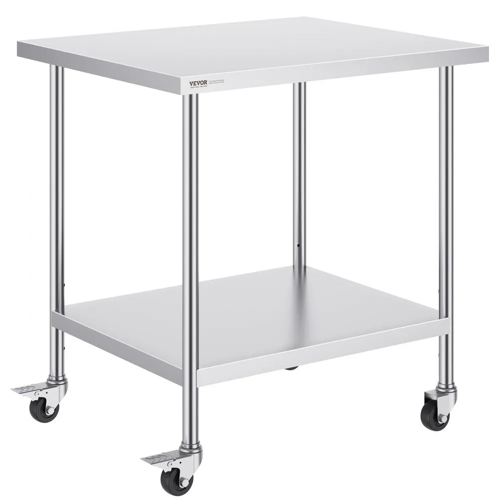 VEVOR Stainless Steel Work Table 30 x 36 x 38 Inch, with 4 Wheels, 3 Adjustable Height Levels, Heavy Duty Food Prep Worktable for Commercial Kitchen Restaurant, Silver