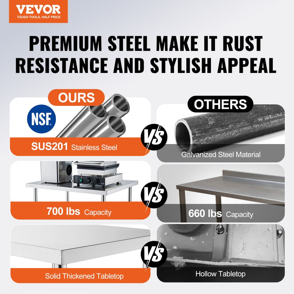VEVOR Stainless Steel Work Table 24 x 30 x 38 Inch, with 4 Wheels, 3 Adjustable Height Levels, Heavy Duty Food Prep Worktable for Commercial Kitchen Restaurant, Silver 