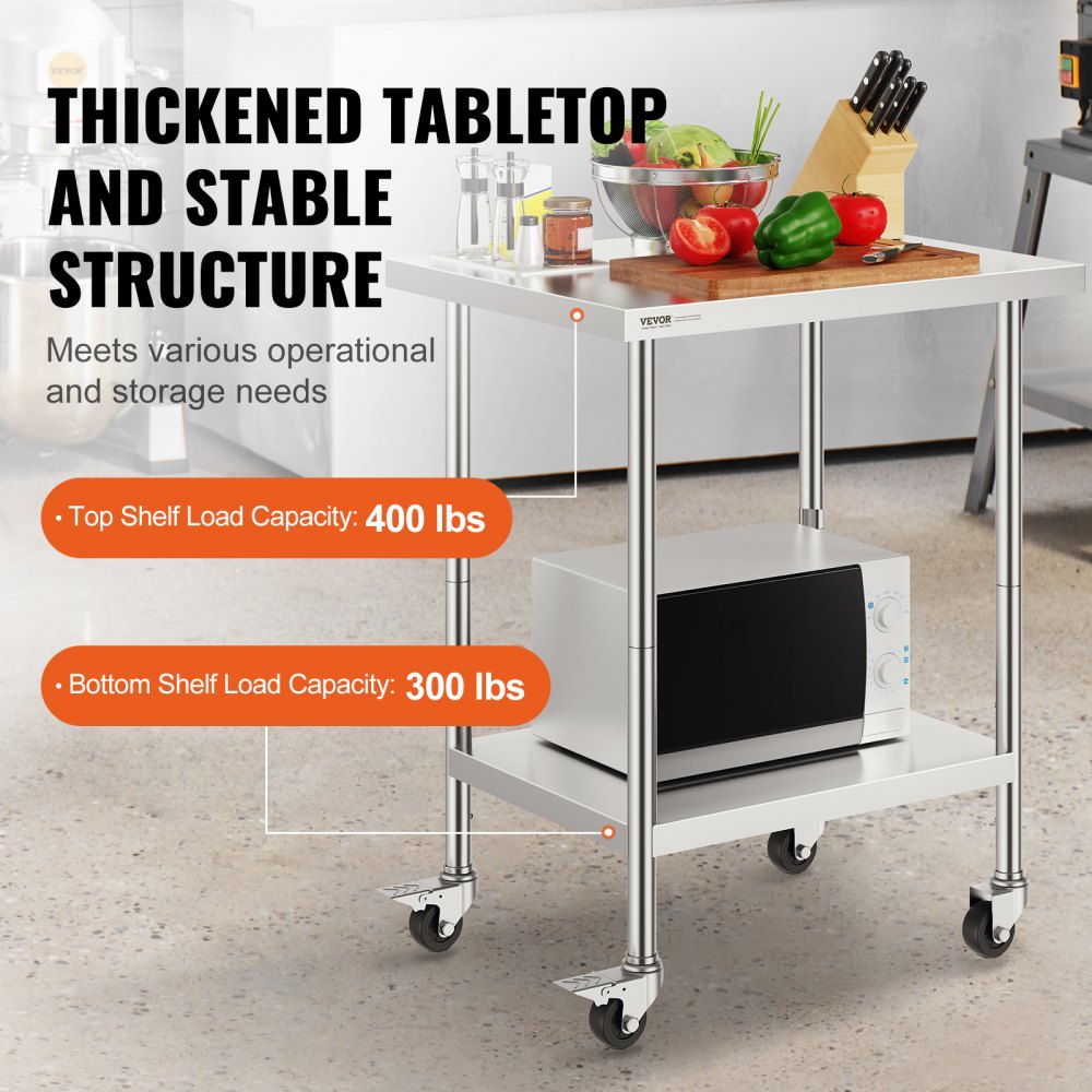 VEVOR Stainless Steel Work Table 24 x 30 x 38 Inch, with 4 Wheels, 3 Adjustable Height Levels, Heavy Duty Food Prep Worktable for Commercial Kitchen Restaurant, Silver 
