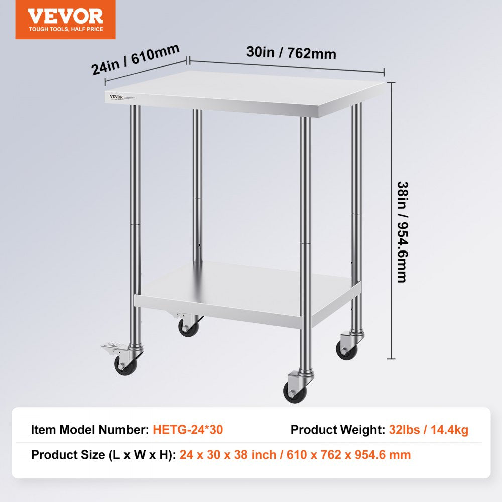 VEVOR Stainless Steel Work Table 24 x 30 x 38 Inch, with 4 Wheels, 3 Adjustable Height Levels, Heavy Duty Food Prep Worktable for Commercial Kitchen Restaurant, Silver 