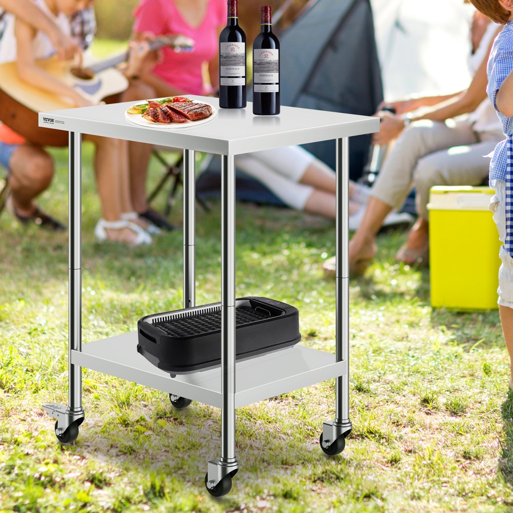 VEVOR Stainless Steel Work Table 24 x 30 x 38 Inch, with 4 Wheels, 3 Adjustable Height Levels, Heavy Duty Food Prep Worktable for Commercial Kitchen Restaurant, Silver 