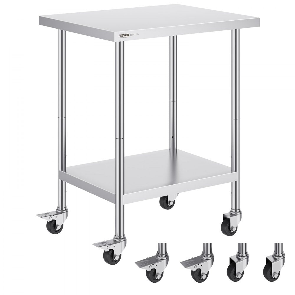 VEVOR Stainless Steel Work Table 24 x 30 x 38 Inch, with 4 Wheels, 3 Adjustable Height Levels, Heavy Duty Food Prep Worktable for Commercial Kitchen Restaurant, Silver 