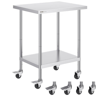 VEVOR Stainless Steel Work Table 24 x 30 x 38 Inch, with 4 Wheels, 3 Adjustable Height Levels, Heavy Duty Food Prep Worktable for Commercial Kitchen Restaurant, Silver 