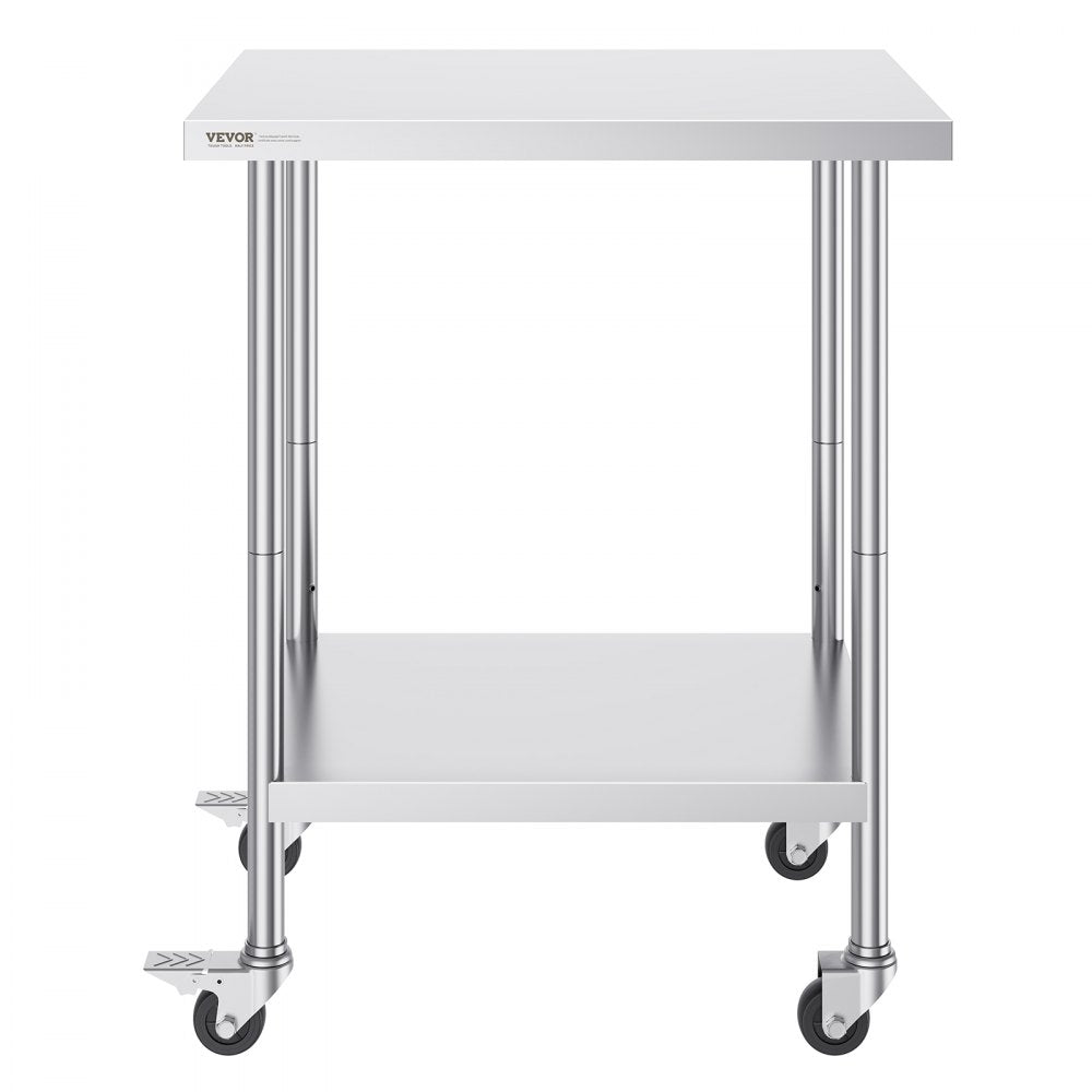 VEVOR Stainless Steel Work Table 24 x 30 x 38 Inch, with 4 Wheels, 3 Adjustable Height Levels, Heavy Duty Food Prep Worktable for Commercial Kitchen Restaurant, Silver 