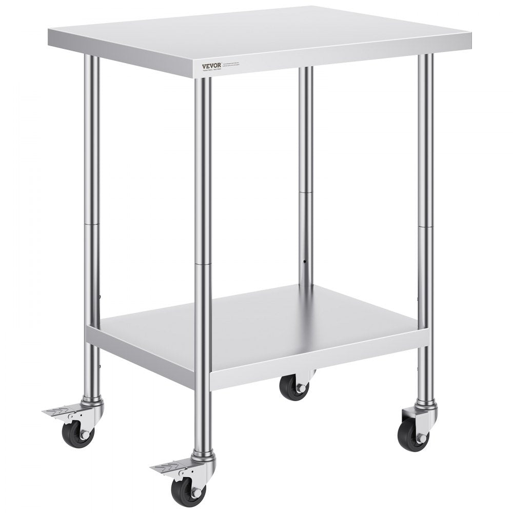 VEVOR Stainless Steel Work Table 24 x 30 x 38 Inch, with 4 Wheels, 3 Adjustable Height Levels, Heavy Duty Food Prep Worktable for Commercial Kitchen Restaurant, Silver 
