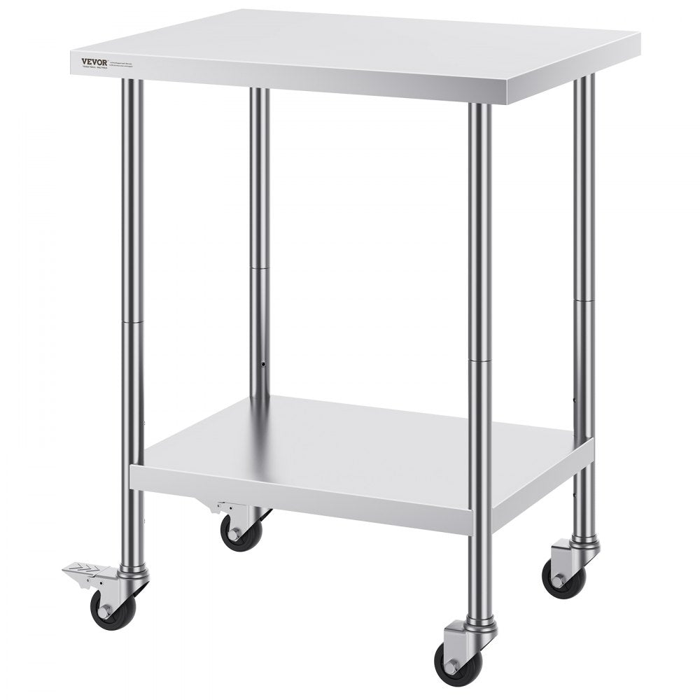 VEVOR Stainless Steel Work Table 24 x 30 x 38 Inch, with 4 Wheels, 3 Adjustable Height Levels, Heavy Duty Food Prep Worktable for Commercial Kitchen Restaurant, Silver 