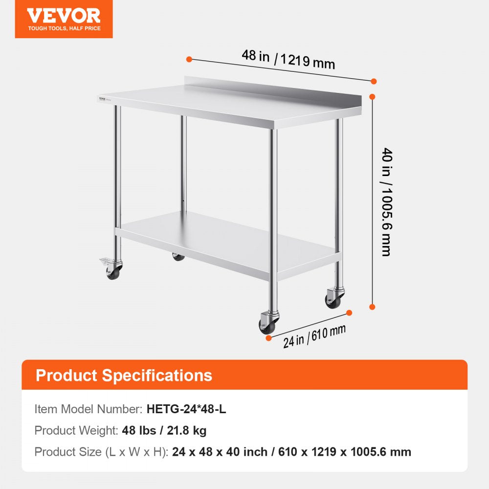 VEVOR 24 x 48 x 40 Inch Stainless Steel Work Table, Commercial Food Prep Worktable with Casters, Heavy Duty Prep Worktable, Metal Work Table with Adjustable Height for Restaurant, Home and Hotel 