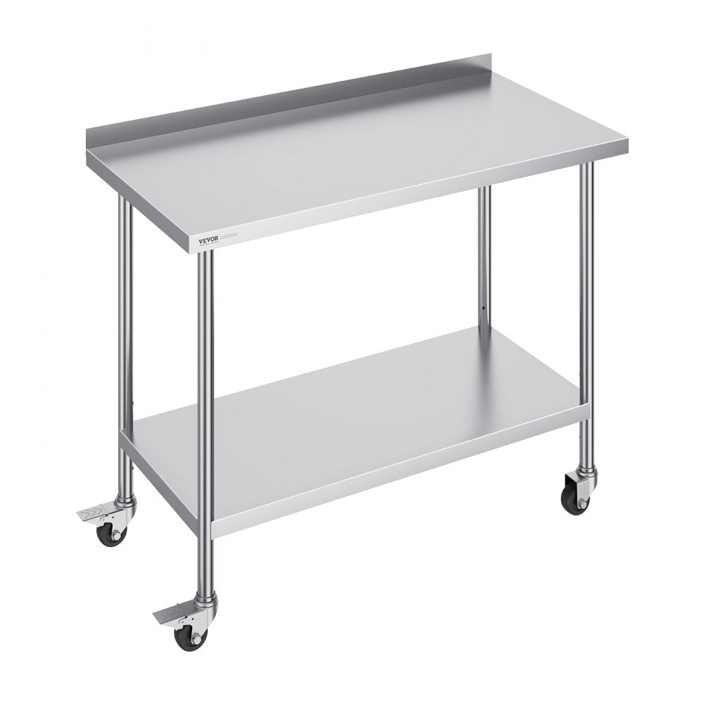 VEVOR 24 x 48 x 40 Inch Stainless Steel Work Table, Commercial Food Prep Worktable with Casters, Heavy Duty Prep Worktable, Metal Work Table with Adjustable Height for Restaurant, Home and Hotel 