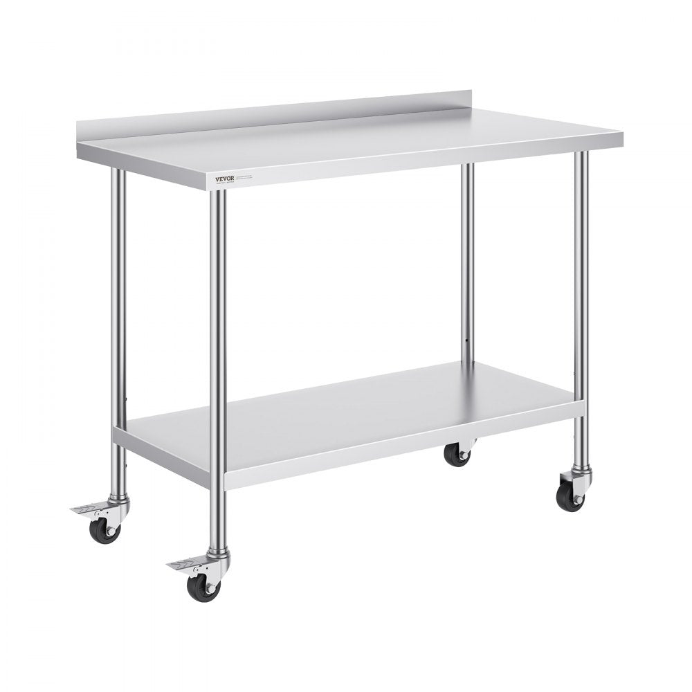 VEVOR 24 x 48 x 40 Inch Stainless Steel Work Table, Commercial Food Prep Worktable with Casters, Heavy Duty Prep Worktable, Metal Work Table with Adjustable Height for Restaurant, Home and Hotel 
