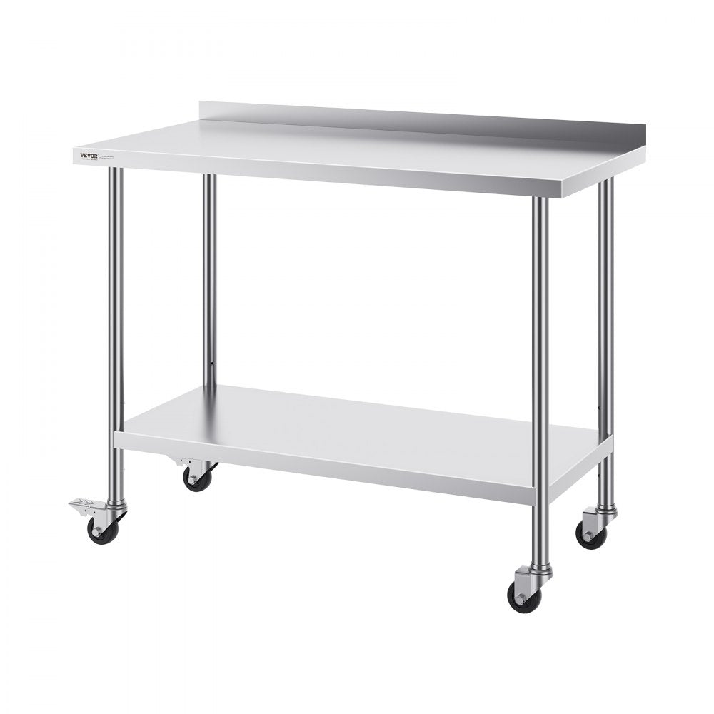 VEVOR 24 x 48 x 40 Inch Stainless Steel Work Table, Commercial Food Prep Worktable with Casters, Heavy Duty Prep Worktable, Metal Work Table with Adjustable Height for Restaurant, Home and Hotel 