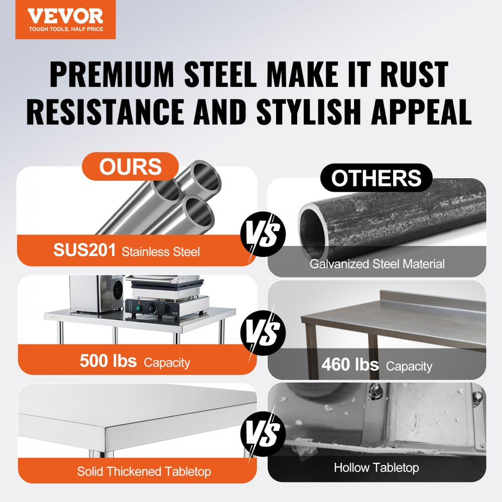 VEVOR Stainless Steel Work Table 24 x 12 x 38 Inch, with 4 Wheels, 3 Adjustable Height Levels, Heavy Duty Food Prep Worktable for Commercial Kitchen Restaurant, Silver