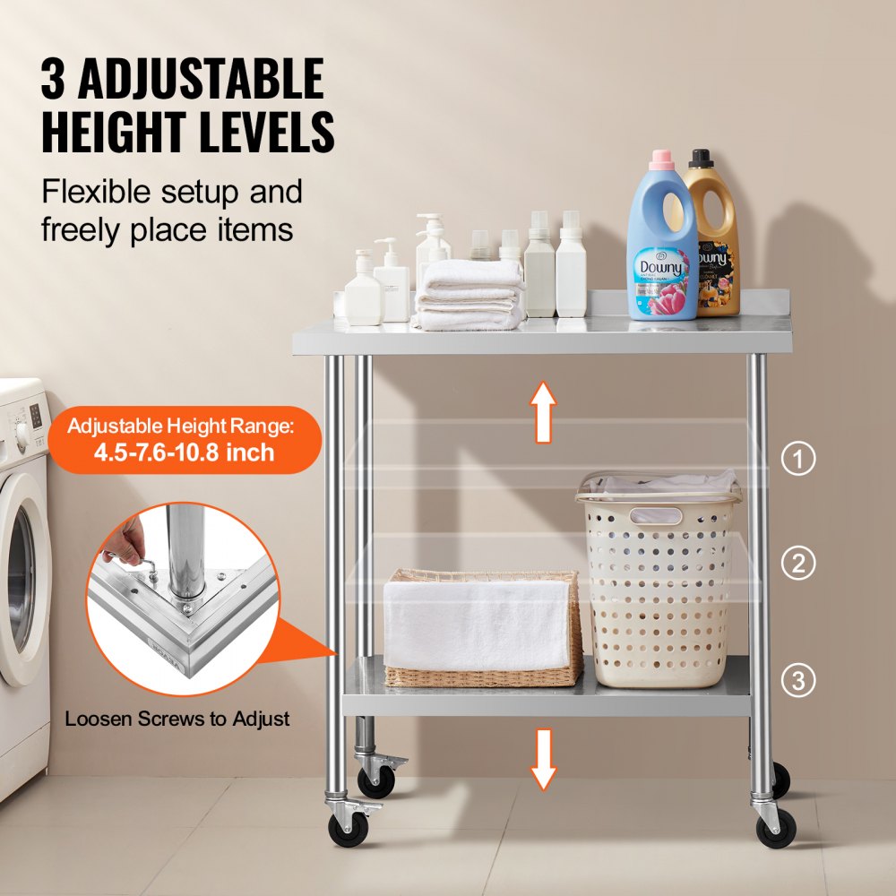 VEVOR 24 x 36 x 40 Inch Stainless Steel Work Table, Commercial Food Prep Worktable with Casters, Heavy Duty Prep Worktable, Metal Work Table with Adjustable Height for Restaurant, Home and Hotel 