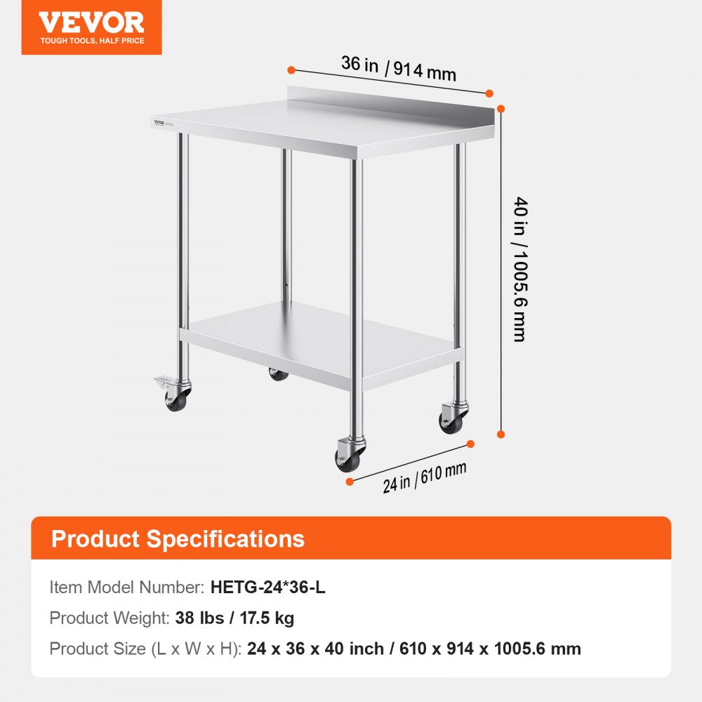 VEVOR 24 x 36 x 40 Inch Stainless Steel Work Table, Commercial Food Prep Worktable with Casters, Heavy Duty Prep Worktable, Metal Work Table with Adjustable Height for Restaurant, Home and Hotel 