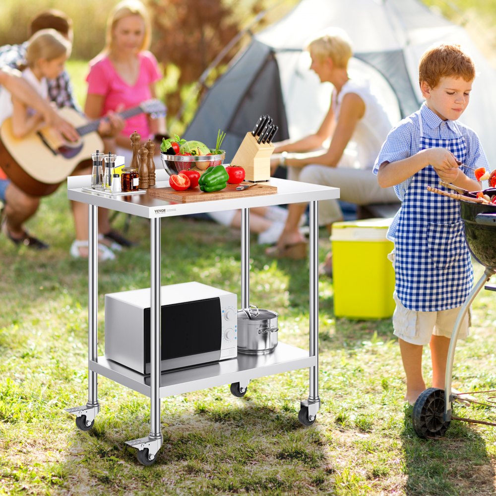 VEVOR 24 x 36 x 40 Inch Stainless Steel Work Table, Commercial Food Prep Worktable with Casters, Heavy Duty Prep Worktable, Metal Work Table with Adjustable Height for Restaurant, Home and Hotel 