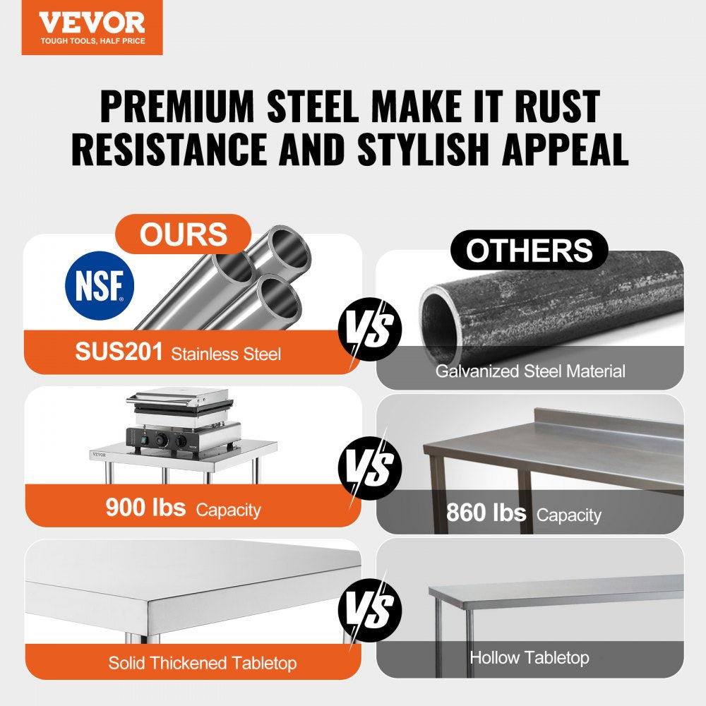 VEVOR 24 x 60 x 36 Inch Stainless Steel Work Table, Commercial Food Prep Worktable Heavy Duty Prep Worktable, Metal Work Table with Adjustable Height for Restaurant, Home and Hotel 