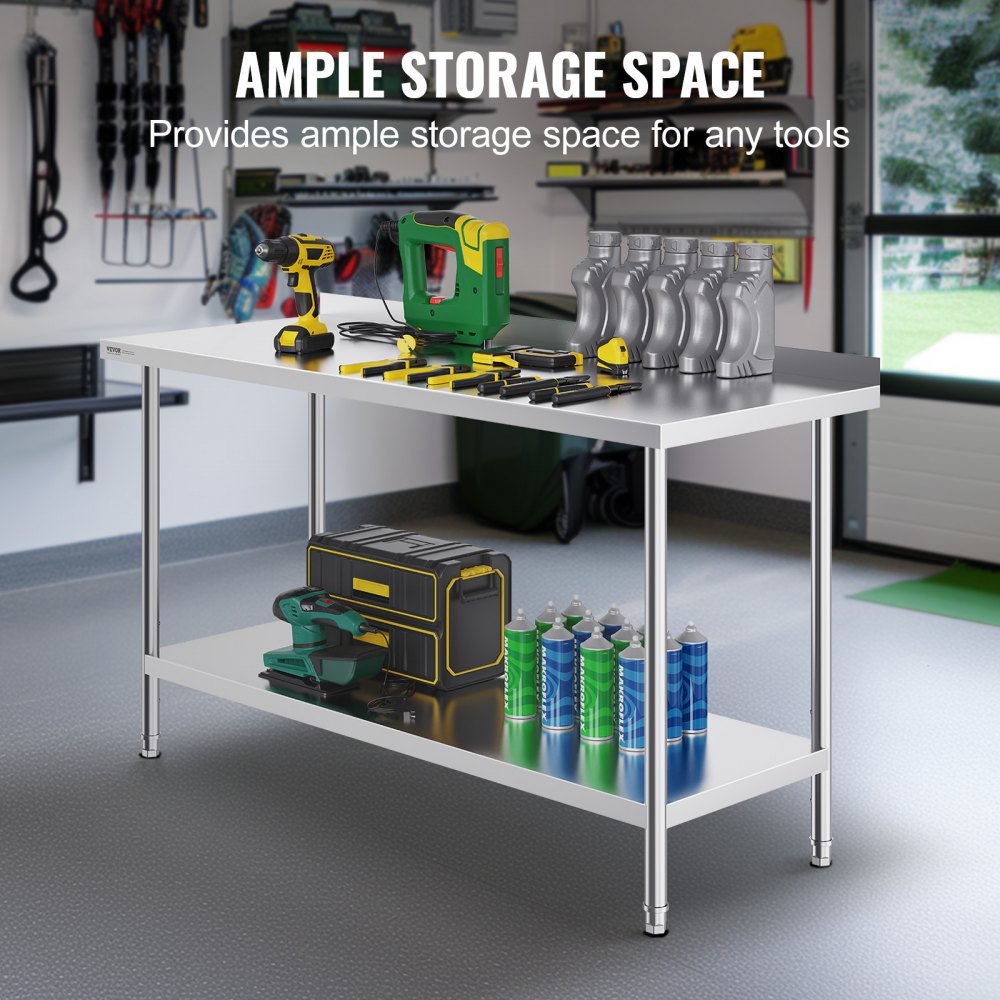 VEVOR 24 x 60 x 36 Inch Stainless Steel Work Table, Commercial Food Prep Worktable Heavy Duty Prep Worktable, Metal Work Table with Adjustable Height for Restaurant, Home and Hotel 