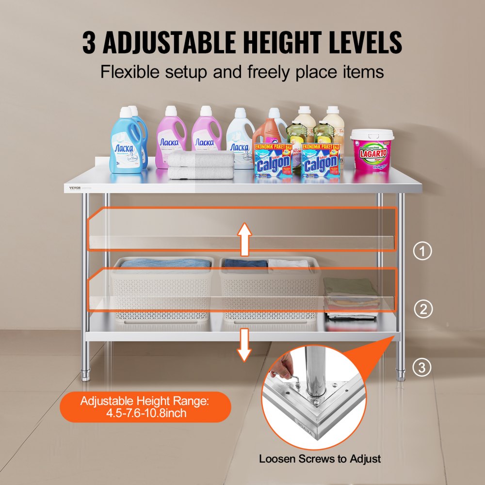 VEVOR 24 x 60 x 36 Inch Stainless Steel Work Table, Commercial Food Prep Worktable Heavy Duty Prep Worktable, Metal Work Table with Adjustable Height for Restaurant, Home and Hotel 