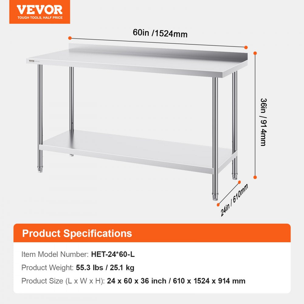 VEVOR 24 x 60 x 36 Inch Stainless Steel Work Table, Commercial Food Prep Worktable Heavy Duty Prep Worktable, Metal Work Table with Adjustable Height for Restaurant, Home and Hotel 