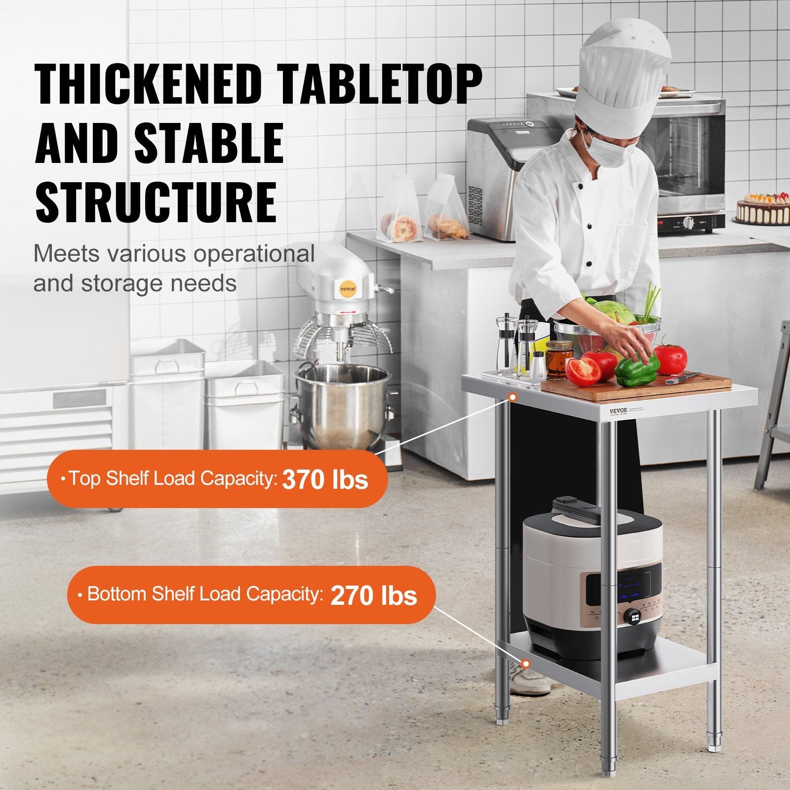 VEVOR Stainless Steel Prep Table, 24 x 18 x 34 Inch, Heavy Duty Metal Worktable with 3 Adjustable Height Levels, Commercial Workstation for Kitchen Garage Restaurant Backyard 