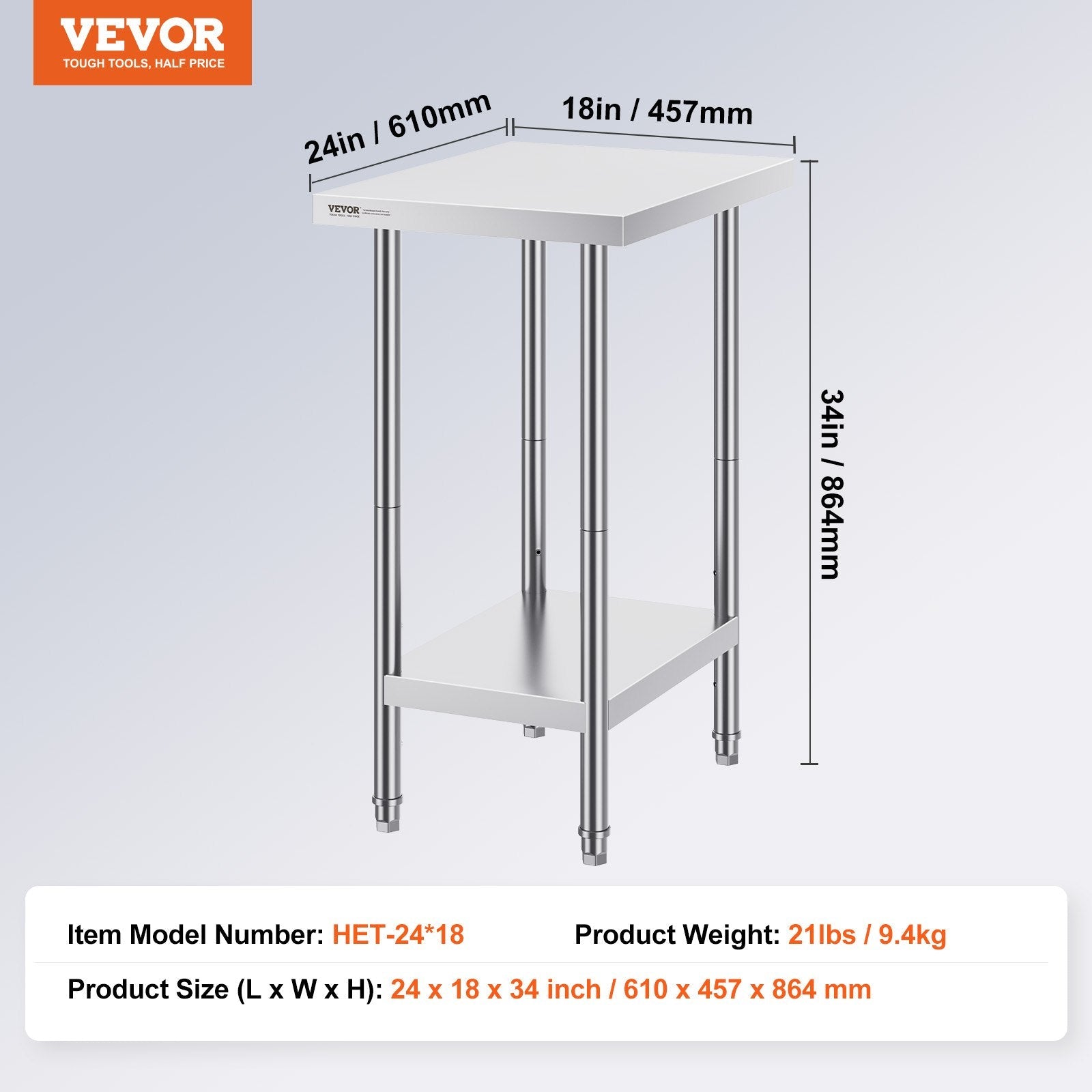 VEVOR Stainless Steel Prep Table, 24 x 18 x 34 Inch, Heavy Duty Metal Worktable with 3 Adjustable Height Levels, Commercial Workstation for Kitchen Garage Restaurant Backyard 