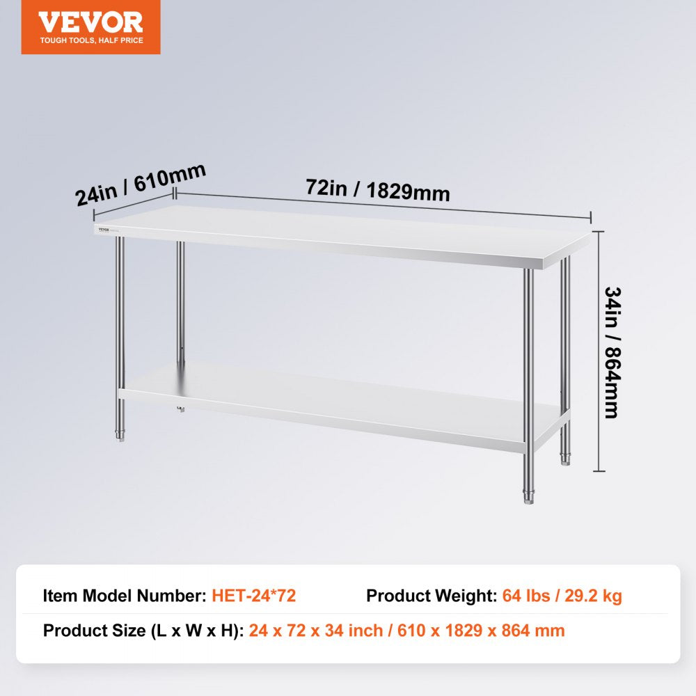 VEVOR Stainless Steel Prep Table, 24 x 72 x 34 Inch, Heavy Duty Metal Worktable with 3 Adjustable Height Levels, Commercial Workstation for Kitchen Garage Restaurant Backyard 