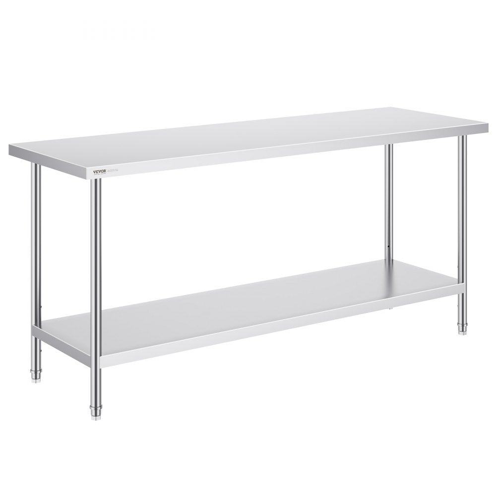 VEVOR Stainless Steel Prep Table, 24 x 72 x 34 Inch, Heavy Duty Metal Worktable with 3 Adjustable Height Levels, Commercial Workstation for Kitchen Garage Restaurant Backyard 