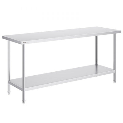 VEVOR Stainless Steel Prep Table, 24 x 72 x 34 Inch, Heavy Duty Metal Worktable with 3 Adjustable Height Levels, Commercial Workstation for Kitchen Garage Restaurant Backyard 