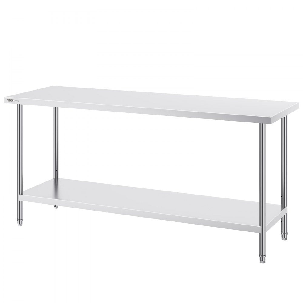 VEVOR Stainless Steel Prep Table, 24 x 72 x 34 Inch, Heavy Duty Metal Worktable with 3 Adjustable Height Levels, Commercial Workstation for Kitchen Garage Restaurant Backyard 