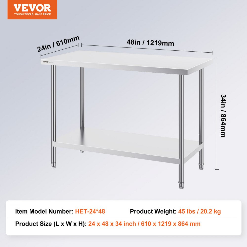 VEVOR Stainless Steel Prep Table, 24 x 48 x 34 Inch, Heavy Duty Metal Worktable with 3 Adjustable Height Levels, Commercial Workstation for Kitchen Garage Restaurant Backyard 