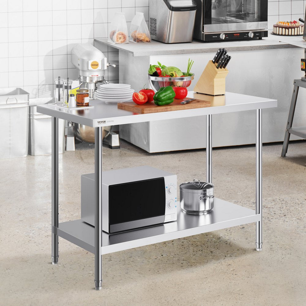 VEVOR Stainless Steel Prep Table, 24 x 48 x 34 Inch, Heavy Duty Metal Worktable with 3 Adjustable Height Levels, Commercial Workstation for Kitchen Garage Restaurant Backyard 