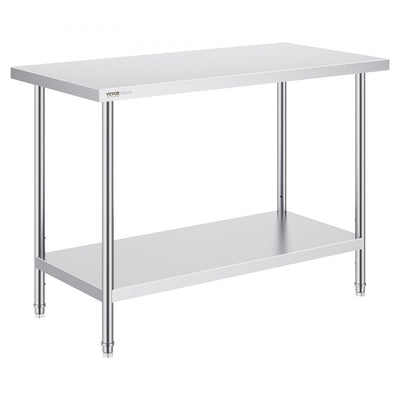 VEVOR Stainless Steel Prep Table, 24 x 48 x 34 Inch, Heavy Duty Metal Worktable with 3 Adjustable Height Levels, Commercial Workstation for Kitchen Garage Restaurant Backyard 