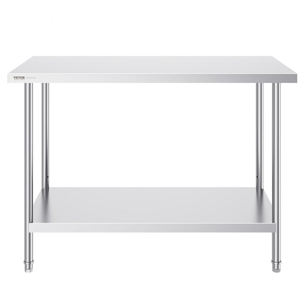 VEVOR Stainless Steel Prep Table, 24 x 48 x 34 Inch, Heavy Duty Metal Worktable with 3 Adjustable Height Levels, Commercial Workstation for Kitchen Garage Restaurant Backyard 