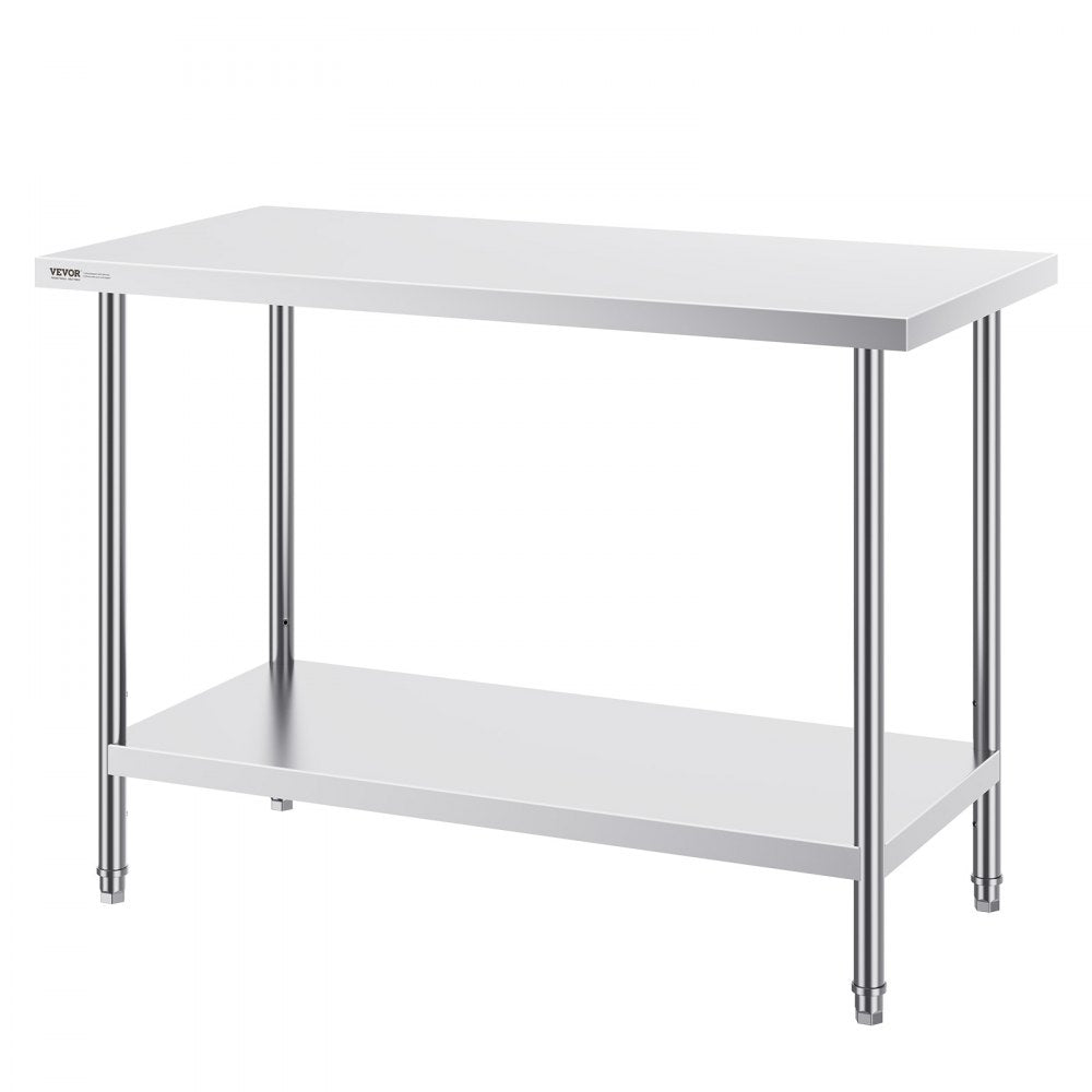 VEVOR Stainless Steel Prep Table, 24 x 48 x 34 Inch, Heavy Duty Metal Worktable with 3 Adjustable Height Levels, Commercial Workstation for Kitchen Garage Restaurant Backyard 