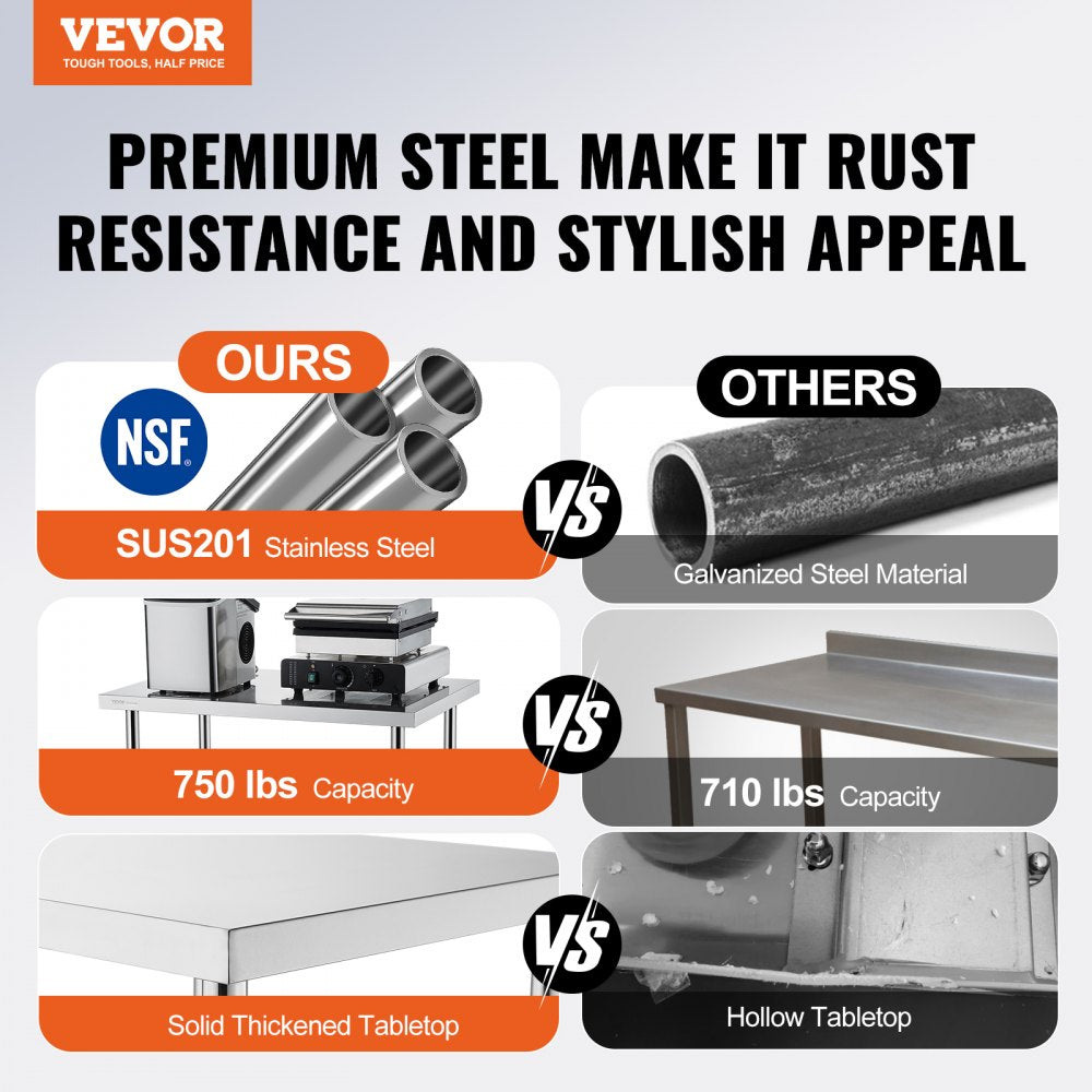 VEVOR Stainless Steel Prep Table, 24 x 36 x 34 Inch, Heavy Duty Metal Worktable with 3 Adjustable Height Levels, Commercial Workstation for Kitchen Garage Restaurant Backyard 