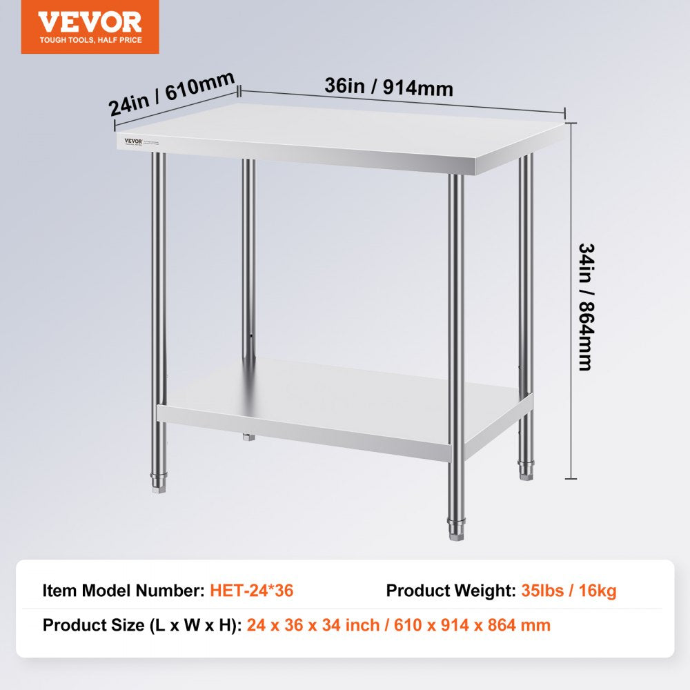 VEVOR Stainless Steel Prep Table, 24 x 36 x 34 Inch, Heavy Duty Metal Worktable with 3 Adjustable Height Levels, Commercial Workstation for Kitchen Garage Restaurant Backyard 