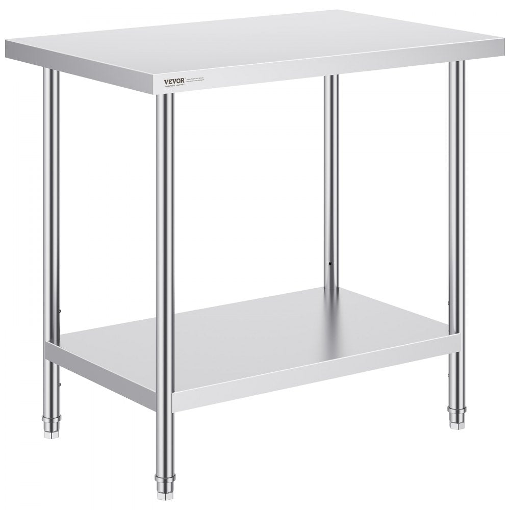 VEVOR Stainless Steel Prep Table, 24 x 36 x 34 Inch, Heavy Duty Metal Worktable with 3 Adjustable Height Levels, Commercial Workstation for Kitchen Garage Restaurant Backyard 